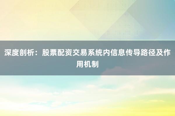 深度剖析：股票配资交易系统内信息传导路径及作用机制