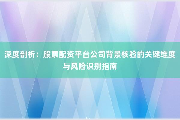 深度剖析：股票配资平台公司背景核验的关键维度与风险识别指南